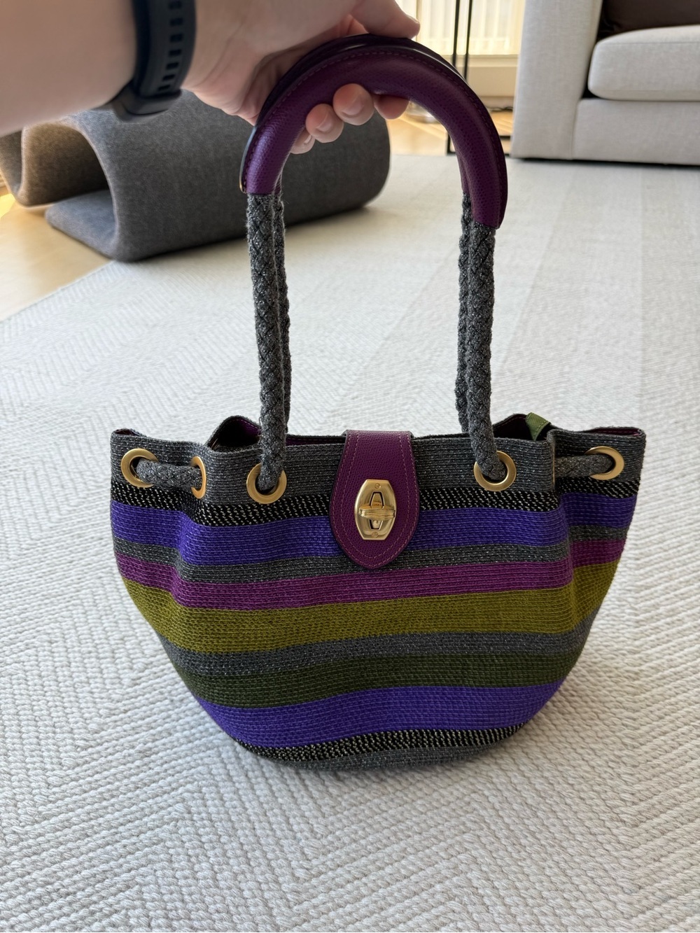 Eric Javits New York Striped Multicolor Squishee Straw Bag